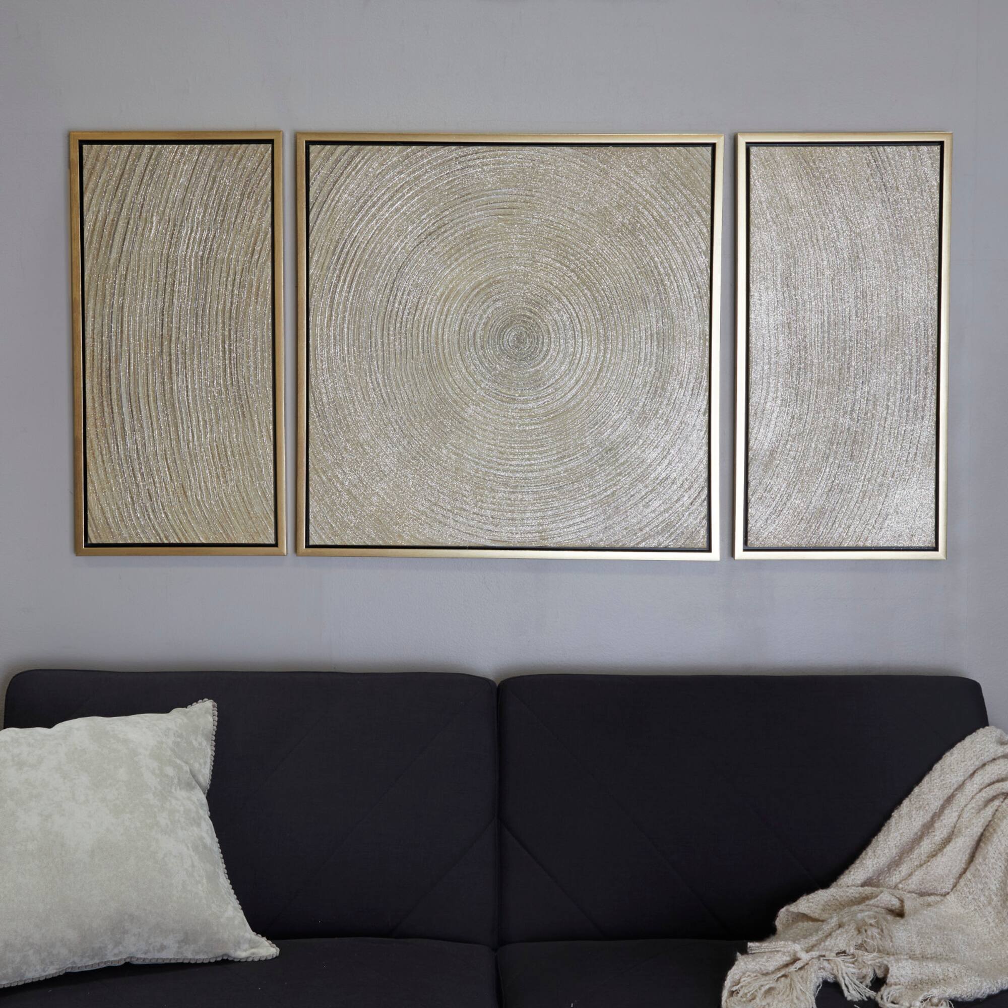 Gold Canvas Ripple Starburst Framed Wall Art with Gold Frame Set of 3 32", 16", 16"
